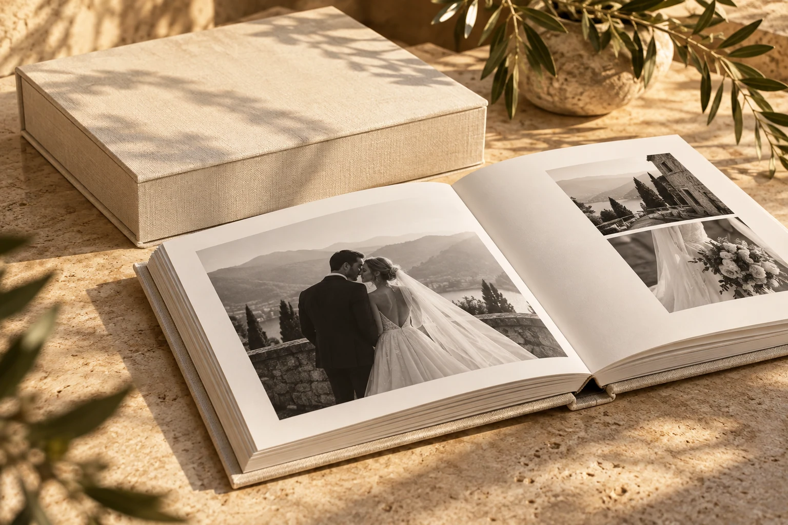 Conceito visual de álbum de casamento em linho com estojo